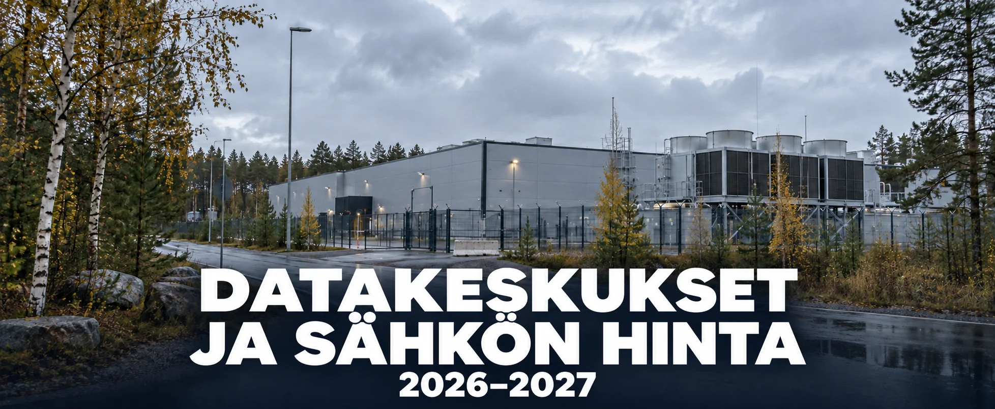 Datakeskusrakennus, aidattu piha ja suuret jäähdytyslaitteet koivujen reunustaman tien varrella.