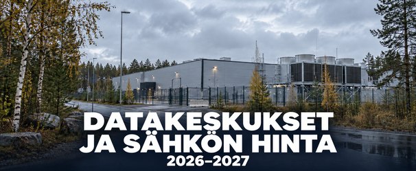 Datakeskusrakennus ja jäähdytyslaitteet syksyisessä maisemassa.
