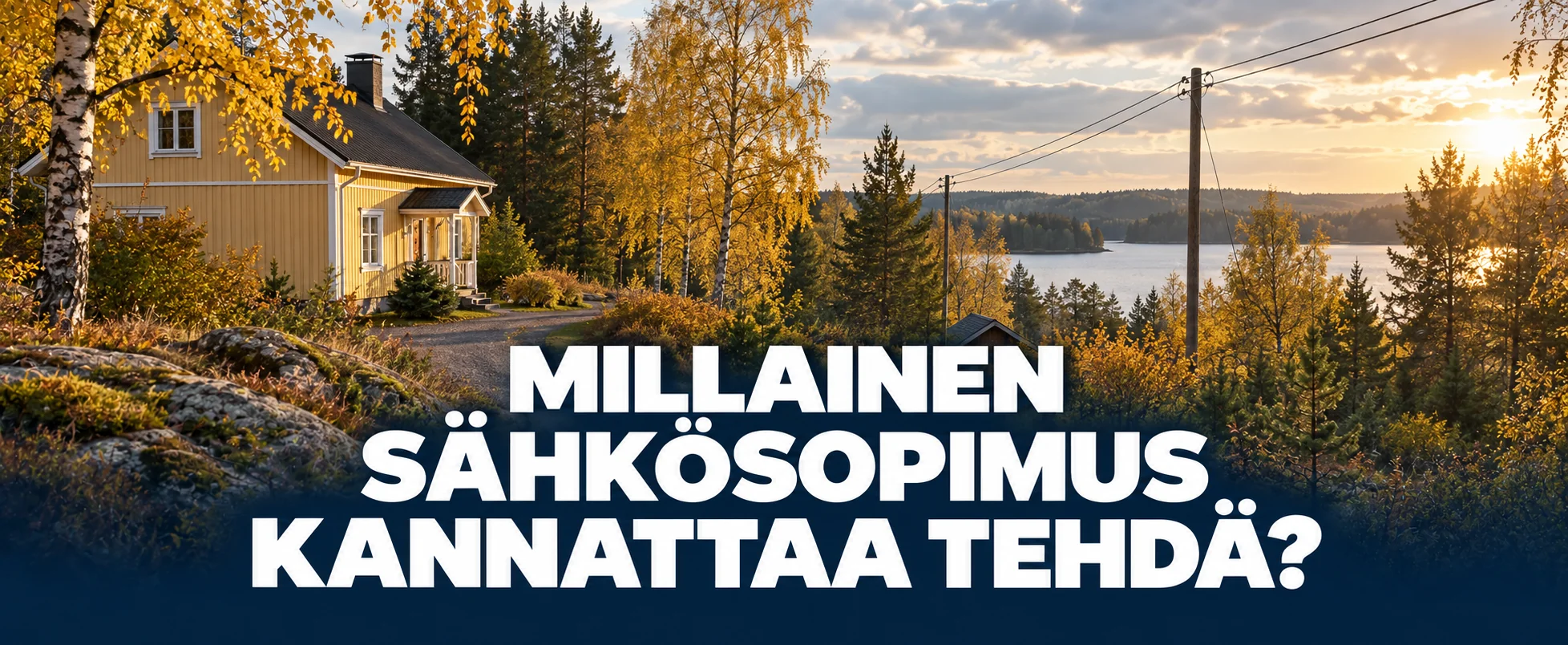 Keltainen puutalo, syksyisiä koivuja ja sähkölinja suomalaisessa järvimaisemassa.