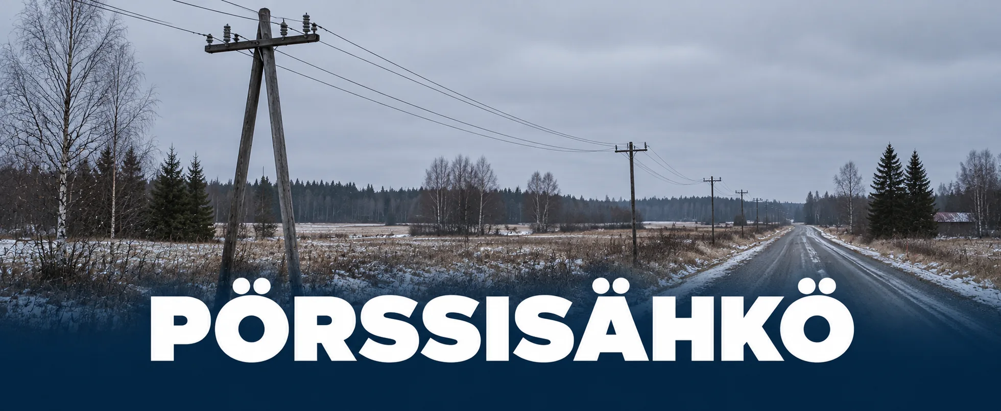 Sähkölinja talvisen suomalaisen maantien varrella.