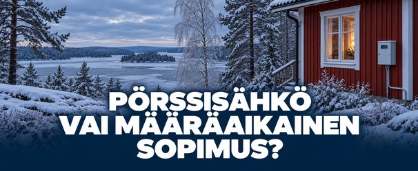 Punainen puutalo ja jäätynyt järvi lumisessa suomalaismaisemassa.