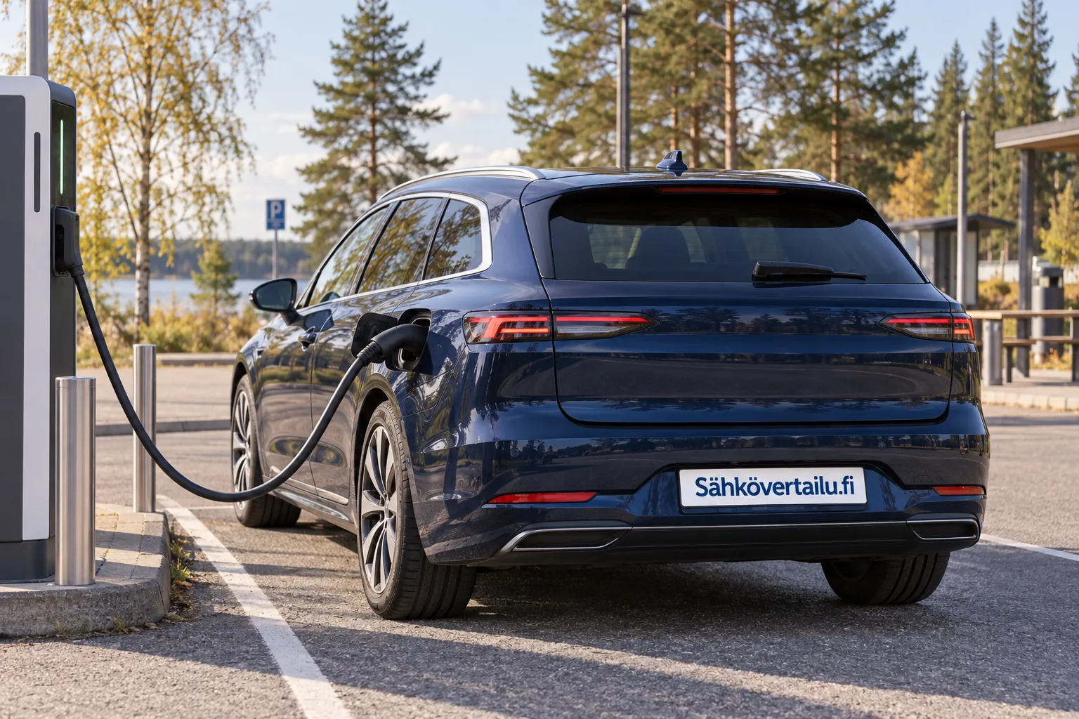 Tummansininen sähköauto julkisella latausasemalla, rekisterikilven paikalla Sähkövertailu.fi-tunnus.