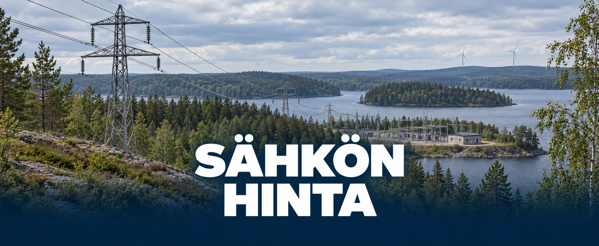 Sähkölinja ja sähköasema suomalaisessa järvi- ja metsämaisemassa.